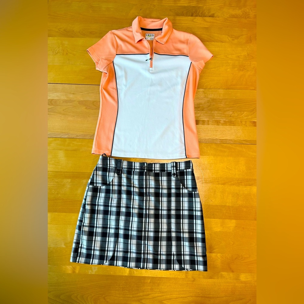 Izod Peach and White Polo with Black and White Plaid Skirt Set